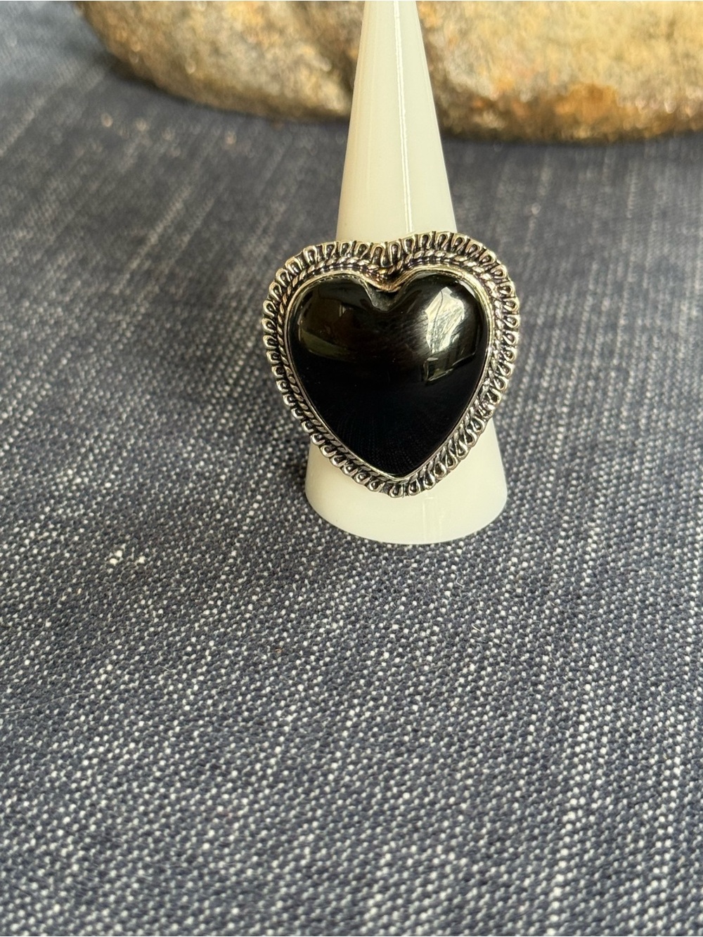 Hand Crafted Black Onyx Heart Shaped and beveled on .925 Sterling SZ 8